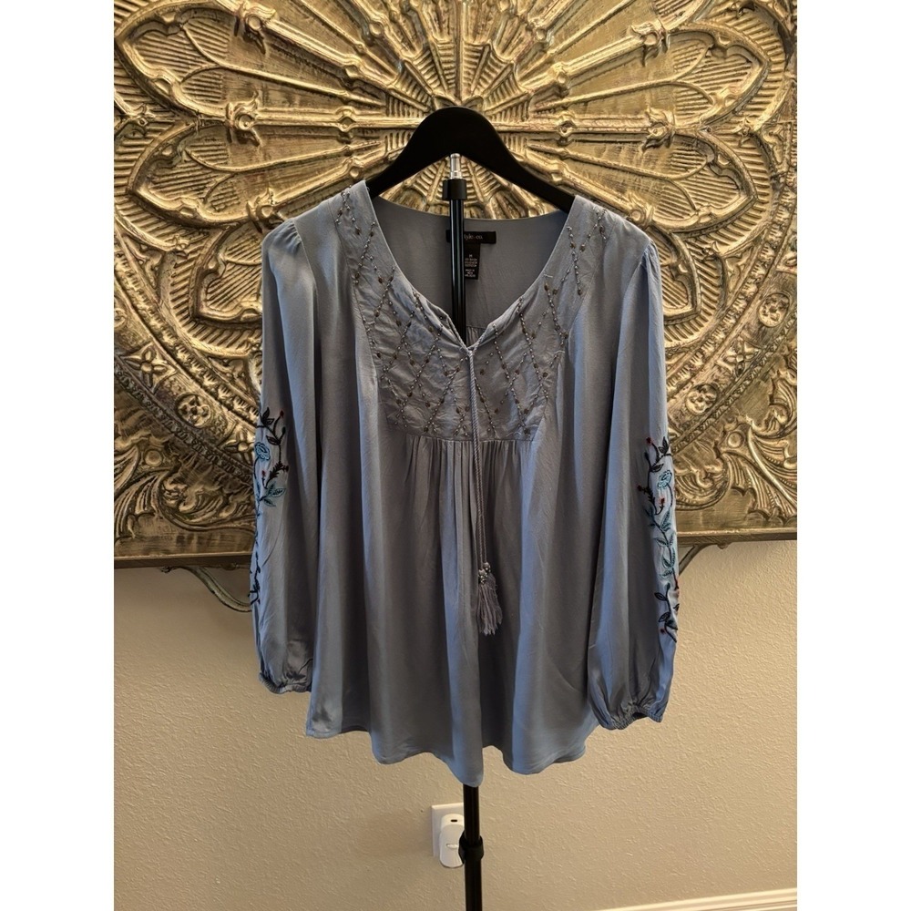 Style & Co. Embroidered Boho Blouse M – Blue Rayon Long Sleeve Peasant Top India - Picture 3 of 9